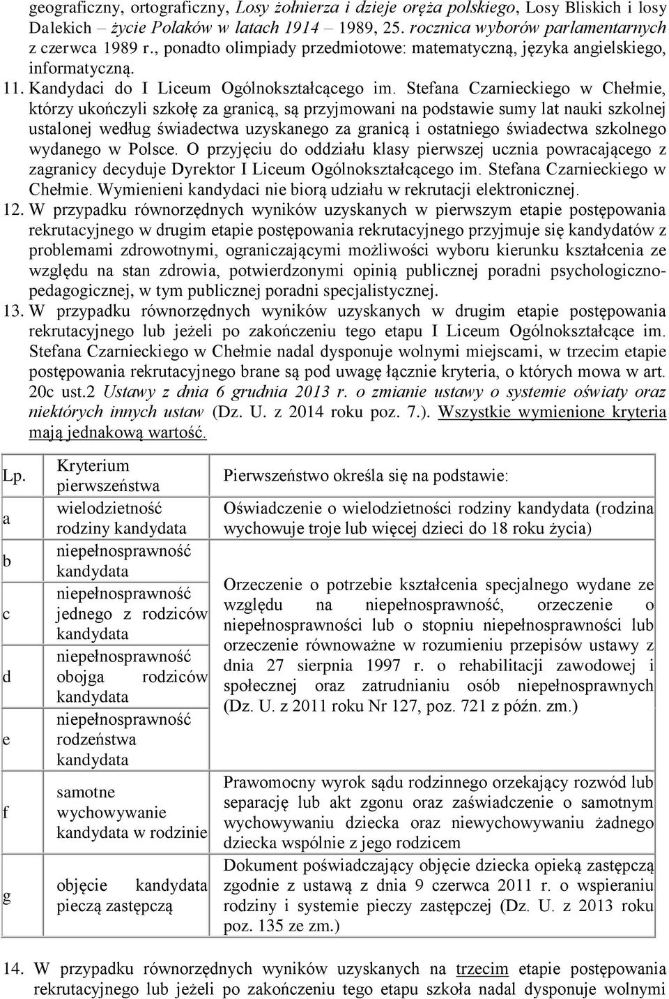 Stefana Czarnieckiego w Chełmie, którzy ukończyli szkołę za granicą, są przyjmowani na podstawie sumy lat nauki szkolnej ustalonej według świadectwa uzyskanego za granicą i ostatniego świadectwa