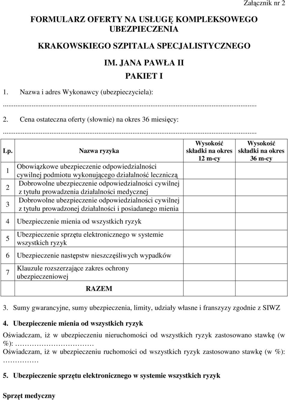 1 2 3 Nazwa ryzyka Obowiązkowe ubezpieczenie odpowiedzialności cywilnej podmiotu wykonującego działalność leczniczą Dobrowolne ubezpieczenie odpowiedzialności cywilnej z tytułu prowadzenia