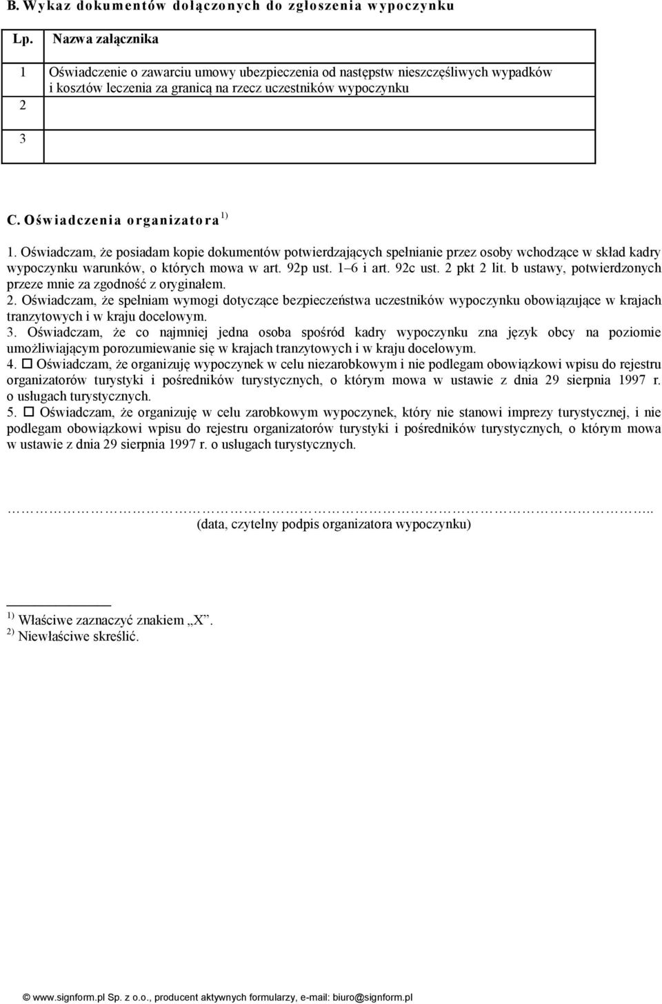 Oświadczenia organizatora 1) 1. Oświadczam, że posiadam kopie dokumentów potwierdzających spełnianie przez osoby wchodzące w skład kadry wypoczynku warunków, o których mowa w art. 92p ust. 1 6 i art.