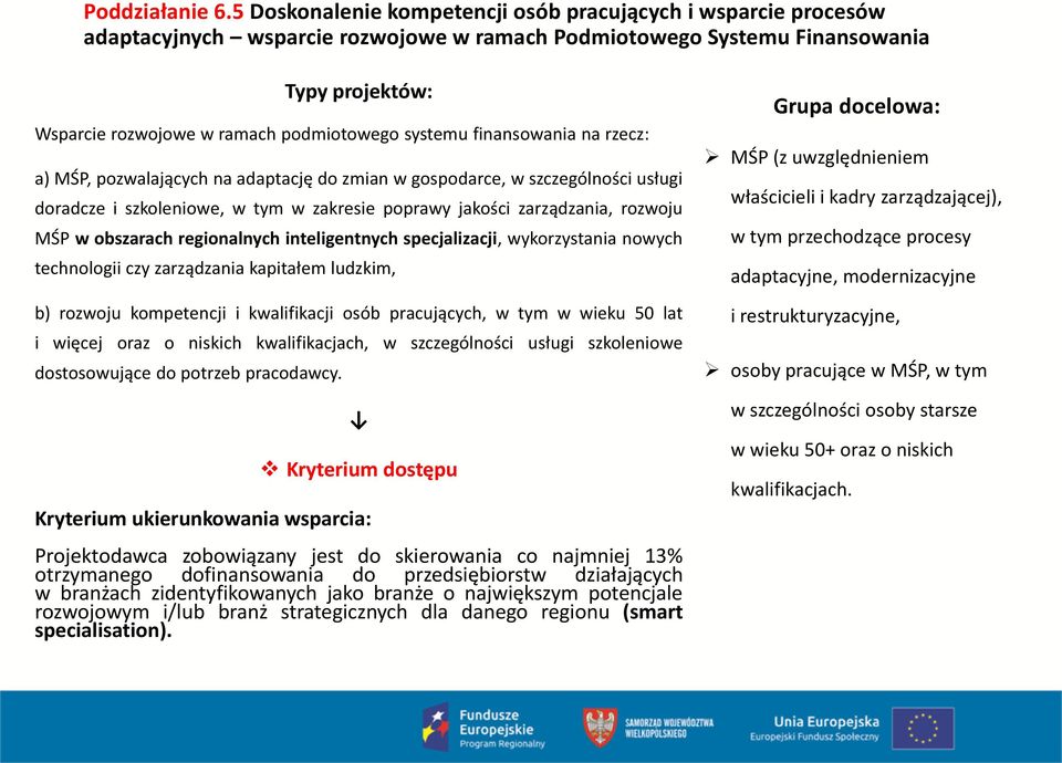 systemu finansowania na rzecz: a) MŚP, pozwalających na adaptację do zmian w gospodarce, w szczególności usługi doradcze i szkoleniowe, w tym w zakresie poprawy jakości zarządzania, rozwoju MŚP w