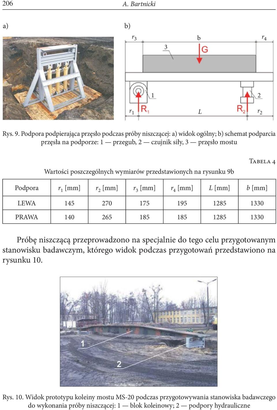 wymiarów przedstawionych na rysunku 9b Tabela 4 Podpora r 1 [mm] r 2 [mm] r 3 [mm] r 4 [mm] L [mm] b [mm] LEWA 145 270 175 195 1285 1330 PRAWA 140 265 185 185 1285 1330 Próbę