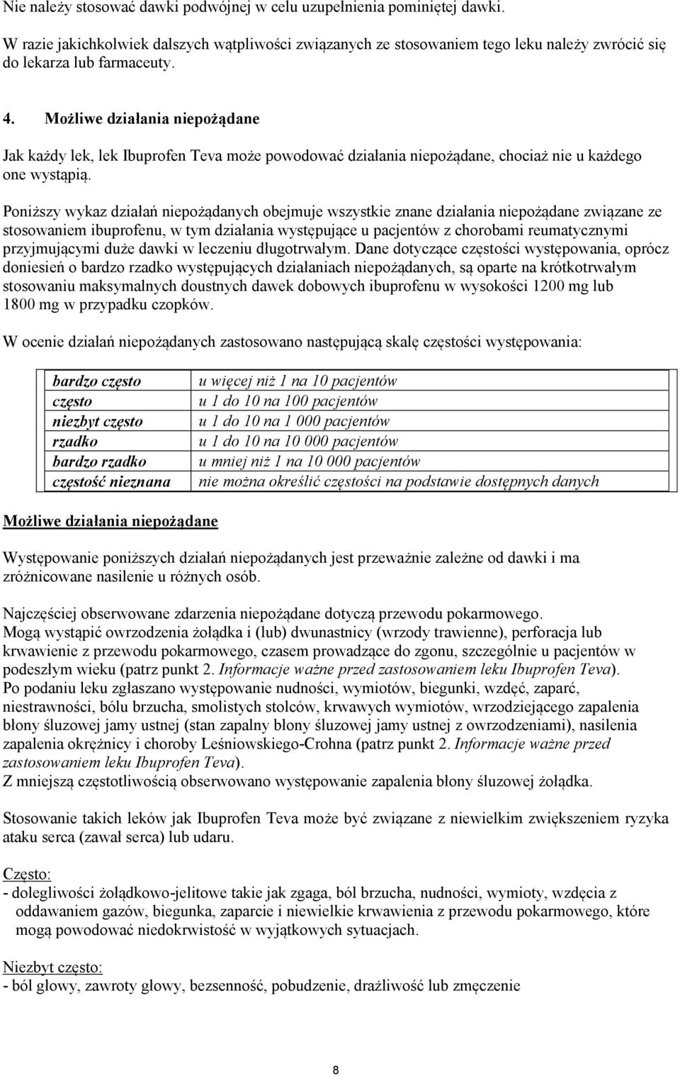 Poniższy wykaz działań niepożądanych obejmuje wszystkie znane działania niepożądane związane ze stosowaniem ibuprofenu, w tym działania występujące u pacjentów z chorobami reumatycznymi przyjmującymi