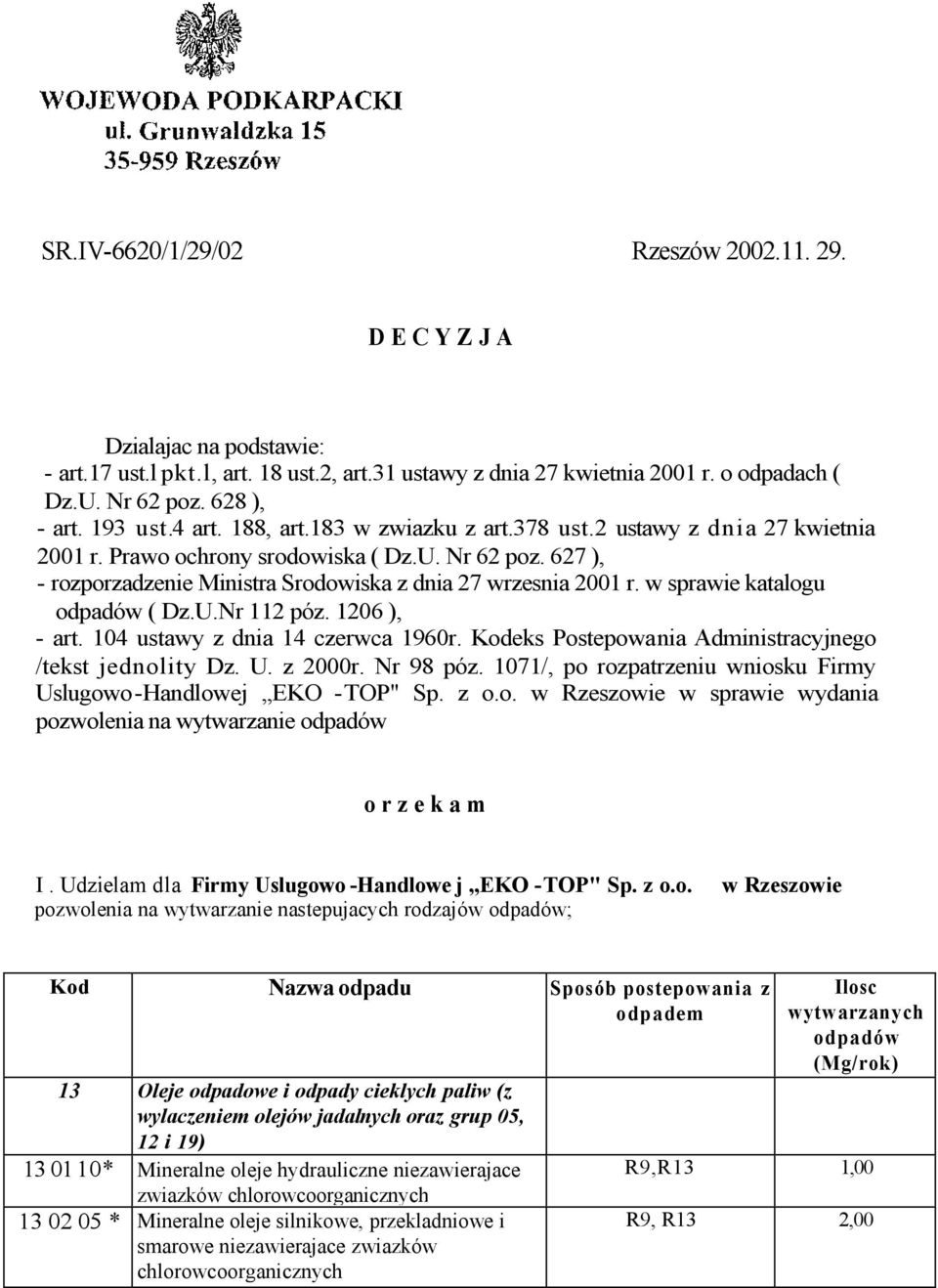 627 ), - rozporzadzenie Ministra Srodowiska z dnia 27 wrzesnia 2001 r. w sprawie katalogu odpadów ( Dz.U.Nr 112 póz. 1206 ), - art. 104 ustawy z dnia 14 czerwca 1960r.