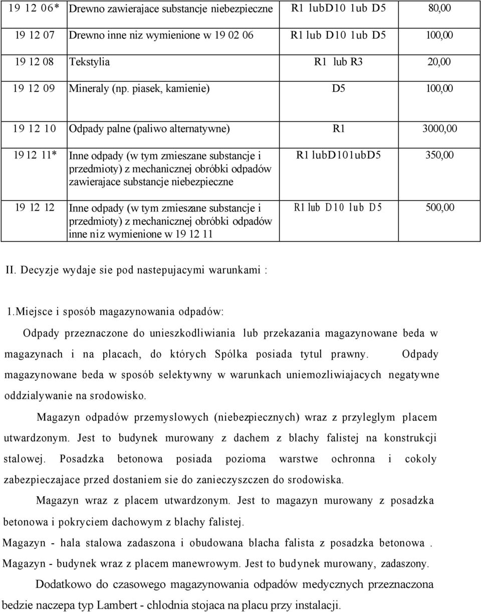 substancje 19 12 12 Inne odpady (w tym zmieszane substancje i przedmioty) z mechanicznej obróbki odpadów inne niz wymienione w 19 12 11 R1 lubd101ubd5 350,00 R1 lub D10 lub D5 500,00 II.