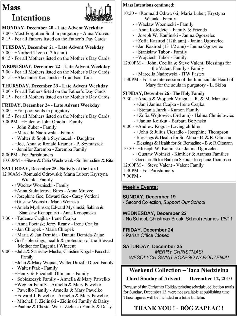 ) 8:15 - For all Mothers listed on the Mother s Day Cards WEDNESDAY, December 22 - Late Advent Weekday 7:00 - For all Mothers listed on the Mother s Day Cards 8:15 - +Alexander Kochanski - Grandson
