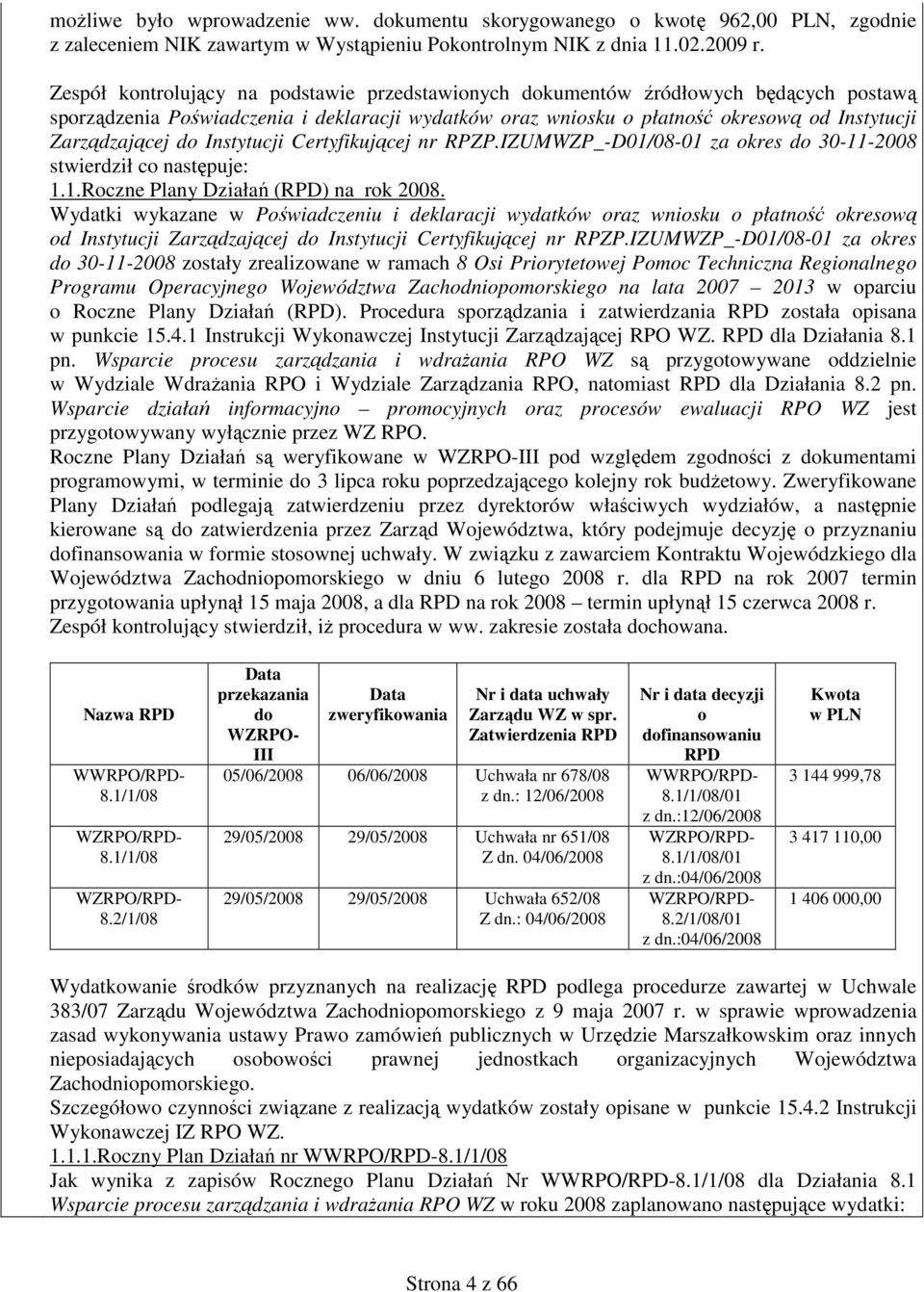 do Instytucji Certyfikującej nr RPZP.IZUMWZP_-D01/08-01 za okres do 30-11-2008 stwierdził co następuje: 1.1.Roczne Plany Działań (RPD) na rok 2008.