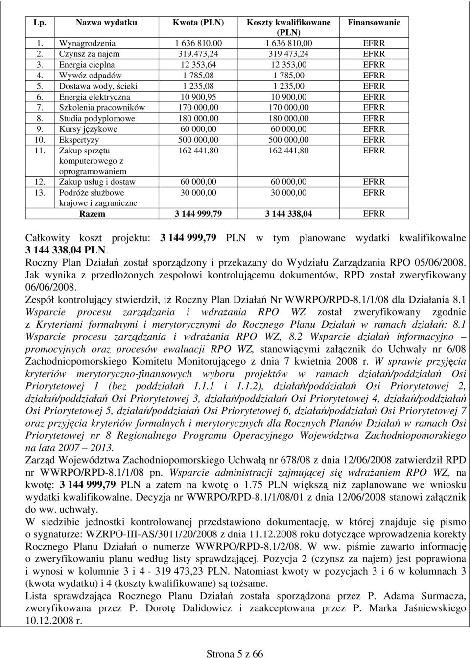 Szkolenia pracowników 170 000,00 170 000,00 EFRR 8. Studia podyplomowe 180 000,00 180 000,00 EFRR 9. Kursy językowe 60 000,00 60 000,00 EFRR 10. Ekspertyzy 500 000,00 500 000,00 EFRR 11.