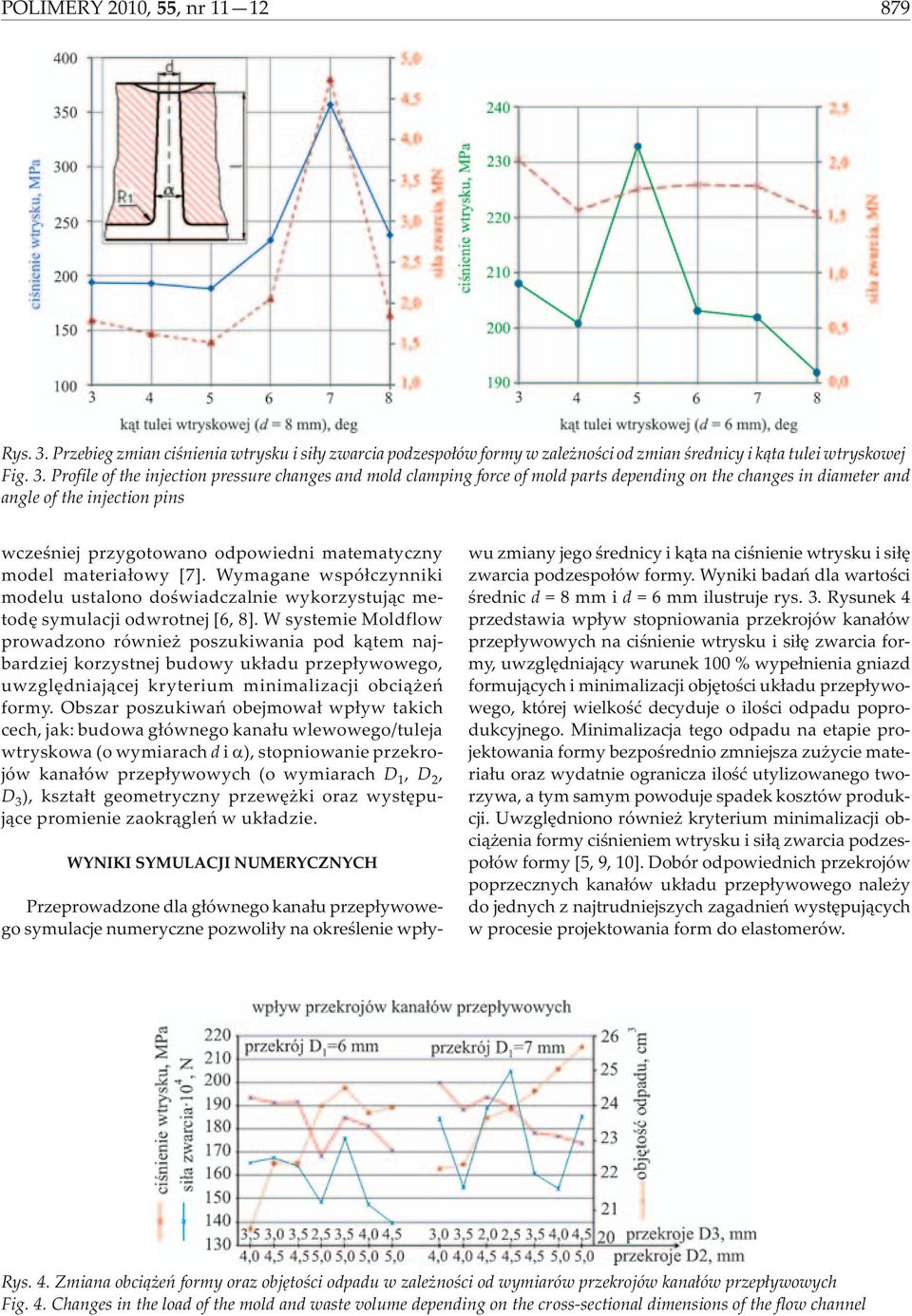 Profile of the injection pressure changes and mold clamping force of mold parts depending on the changes in diameter and angle of the injection pins wczeœniej przygotowano odpowiedni matematyczny