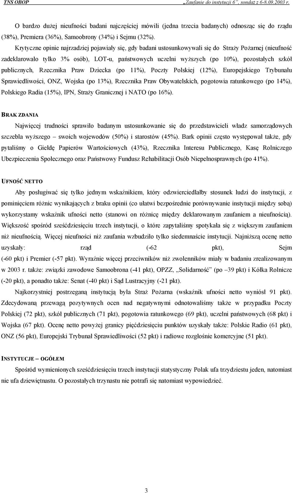 publicznych, Rzecznika Praw Dziecka (po %), Poczty Polskiej (%), Europejskiego Trybunału Sprawiedliwości, ONZ, Wojska (po %), Rzecznika Praw Obywatelskich, pogotowia ratunkowego (po %), Polskiego