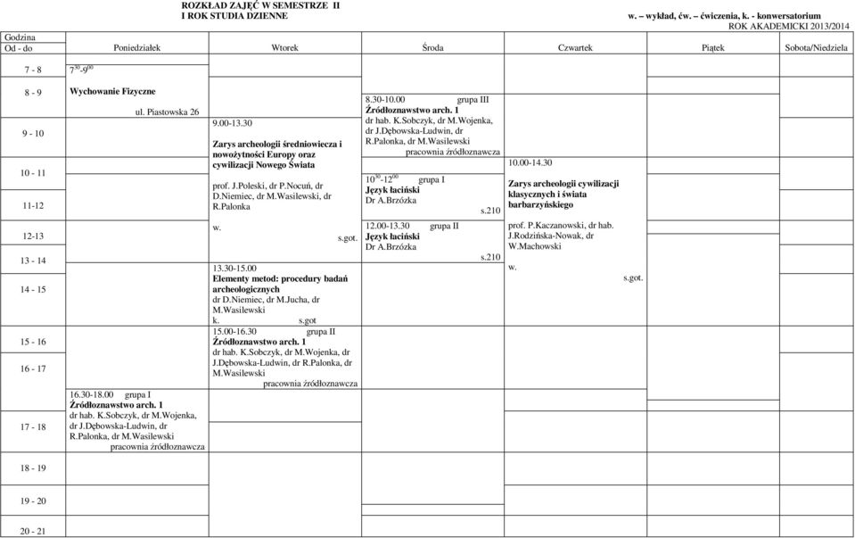 Wasilewski, dr R.Palonka w. Elementy metod: procedury badań archeologicznych dr D.Niemiec, dr M.Jucha, dr M.Wasilewski k. grupa II Źródłoznawstwo arch. 1 dr hab. K.Sobczyk, dr M.Wojenka, dr J.