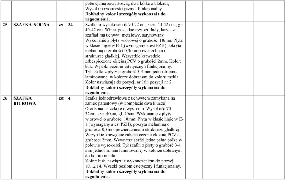 Płyta w klasie higieny E-1,(wymagany atest PZH) pokryta melaminą o grubości 0,3mm powierzchnia o strukturze gładkiej. Wszystkie krawędzie zabezpieczone okleiną PCV o grubości 2mm. Kolor: buk.