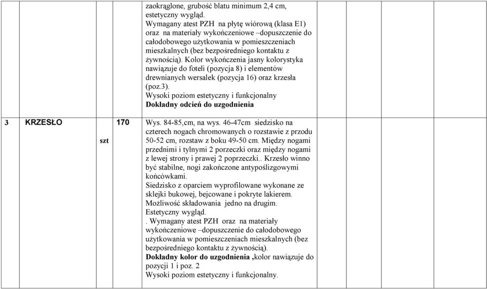 Kolor wykończenia jasny kolorystyka nawiązuje do foteli (pozycja 8) i elementów drewnianych wersalek (pozycja 16) oraz krzesła (poz.3). Dokładny odcień do uzgodnienia 170 Wys. 84-85,cm, na wys.