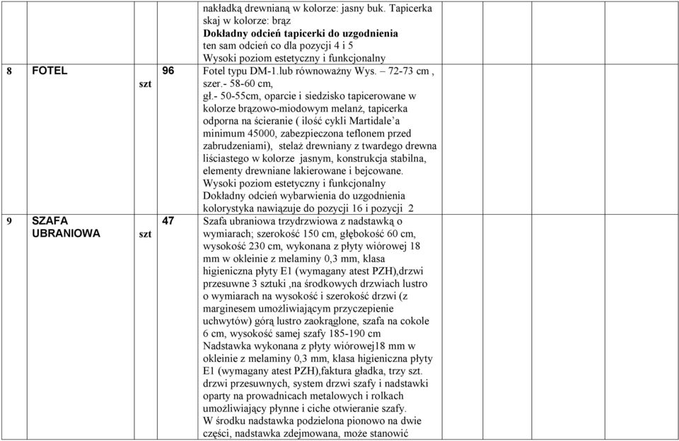 - 50-55cm, oparcie i siedzisko tapicerowane w kolorze brązowo-miodowym melanż, tapicerka odporna na ścieranie ( ilość cykli Martidale a minimum 45000, zabezpieczona teflonem przed zabrudzeniami),