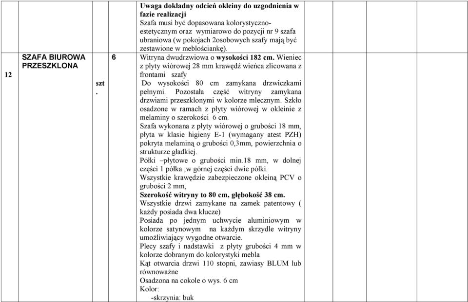 zestawione w meblościankę). 6 Witryna dwudrzwiowa o wysokości 182 cm. Wieniec z płyty wiórowej 28 mm krawędź wieńca zlicowana z frontami szafy Do wysokości 80 cm zamykana drzwiczkami pełnymi.