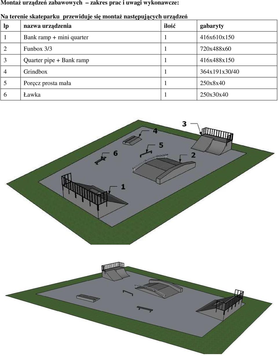 ramp + mini quarter 1 416x610x150 2 Funbox 3/3 1 720x488x60 3 Quarter pipe + Bank ramp