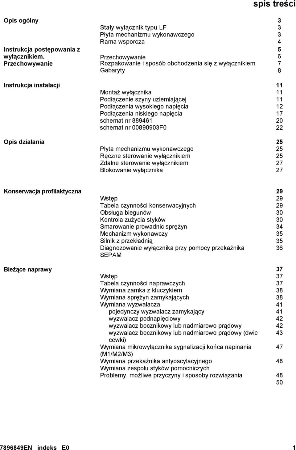 Montaż wyłącznika Podłączenie szyny uziemiającej Podłączenia wysokiego napięcia Podłączenia niskiego napięcia schemat nr 889461 schemat nr 00890903F0 Płyta mechanizmu wykonawczego Ręczne sterowanie