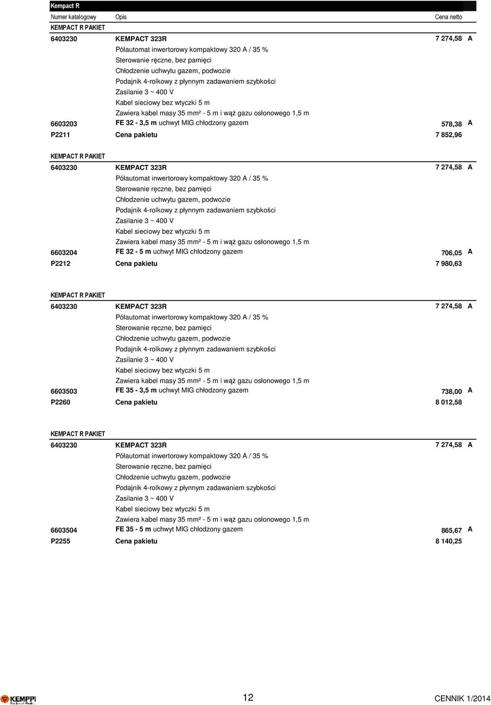 KEMPACT R PAKIET 6403230 KEMPACT 323R 7 274,58 A Półautomat inwertorowy kompaktowy 320 A / 35 % Sterowanie ręczne, bez pamięci Chłodzenie uchwytu gazem, podwozie Podajnik 4-rolkowy z płynnym