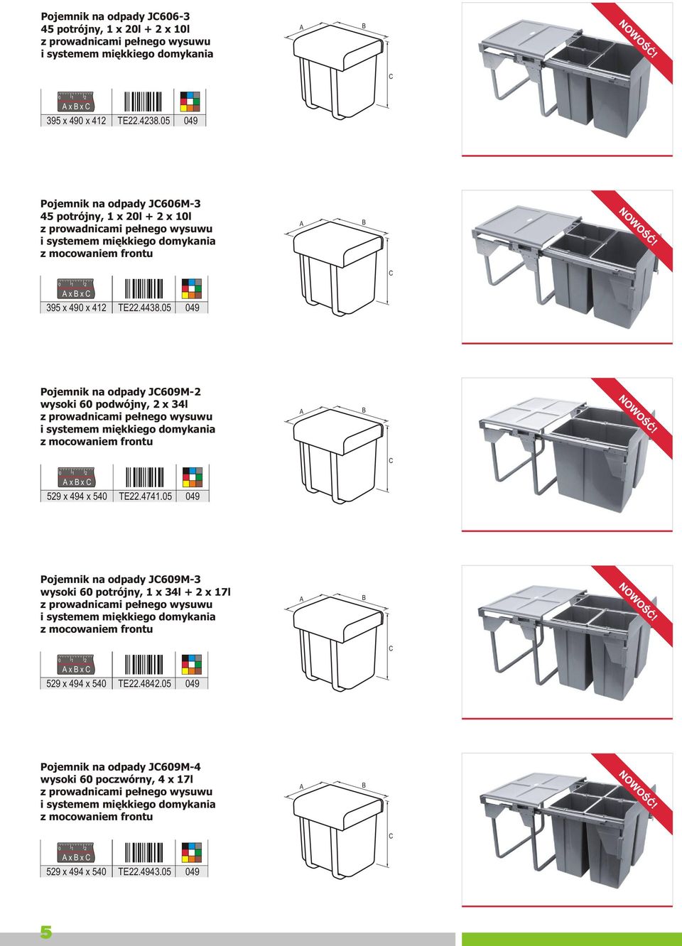 05 049 Pojemnik na odpady J609M-2 wysoki 60 podwójny, 2 x 34l z prowadnicami x x 529 x 494 x 540 TE22.4741.