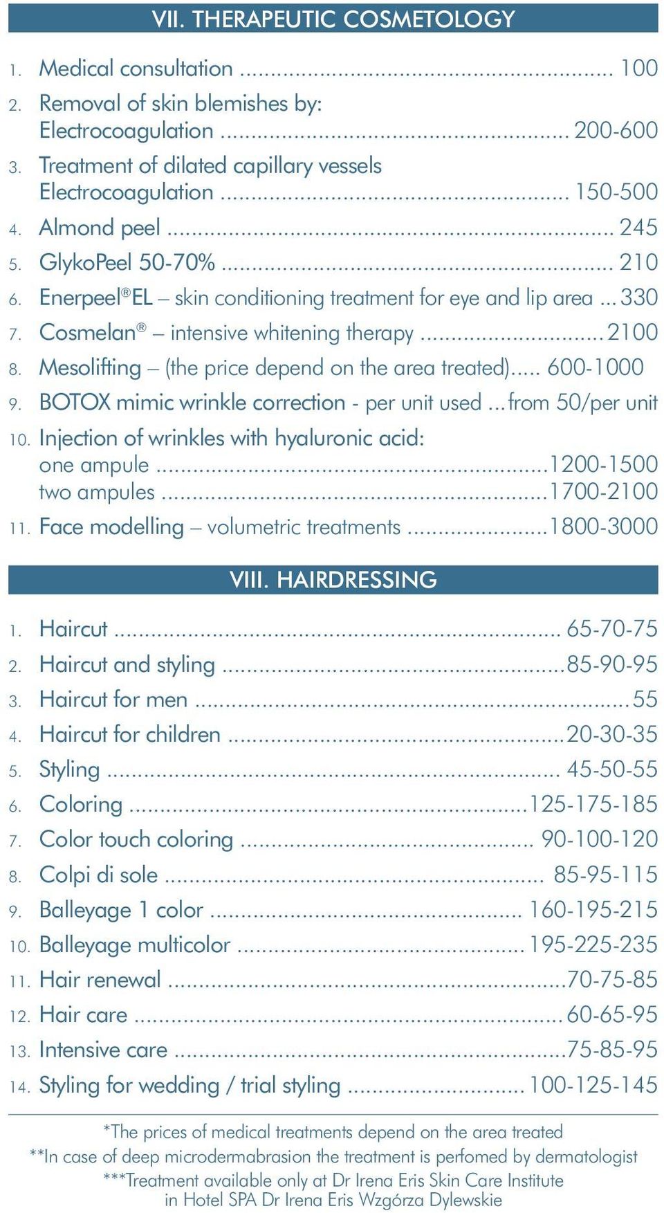 Mesolifting (the price depend on the area treated)... 600-1000 9. BOTOX mimic wrinkle correction - per unit used... from 50/per unit 10. Injection of wrinkles with hyaluronic acid: one ampule.