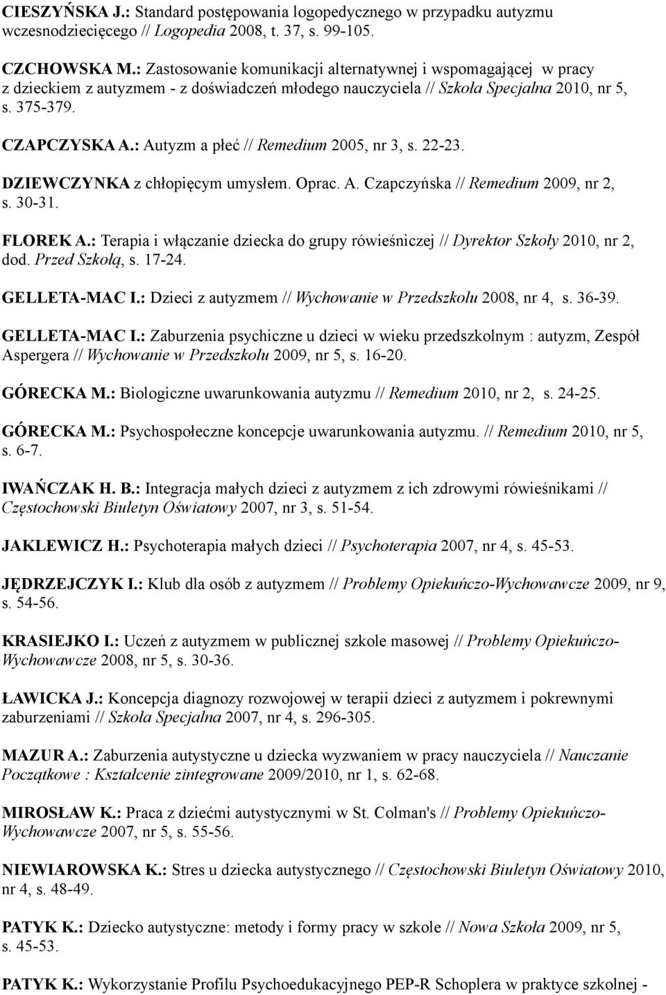 : Autyzm a płeć // Remedium 2005, nr 3, s. 22-23. DZIEWCZYNKA z chłopięcym umysłem. Oprac. A. Czapczyńska // Remedium 2009, nr 2, s. 30-31. FLOREK A.