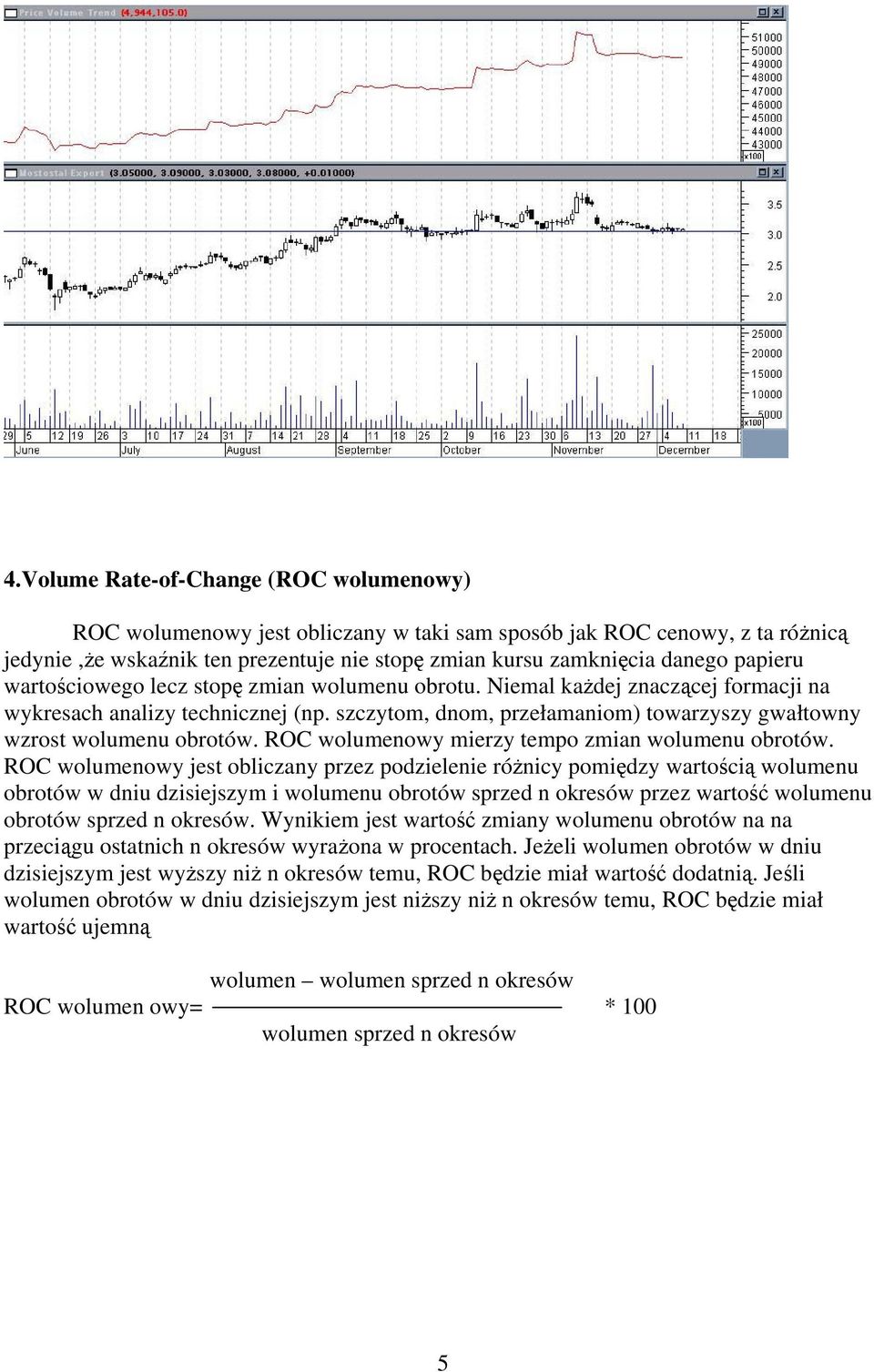 szczytom, dnom, przełamaniom) towarzyszy gwałtowny wzrost wolumenu obrotów. ROC wolumenowy mierzy tempo zmian wolumenu obrotów.