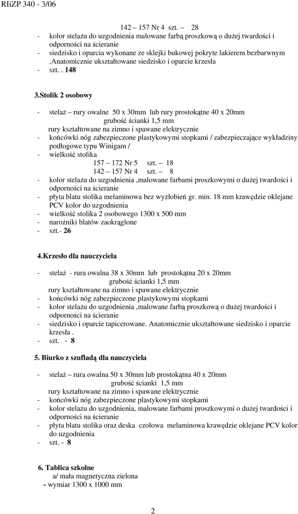 Stolik 2 osobowy - stelaż rury owalne 50 x 30mm lub rury prostokątne 40 x 20mm / zabezpieczające wykładziny podłogowe typu Winigam / - wielkość stolika 157 172 Nr 5 szt. 18 142 157 Nr 4 szt.