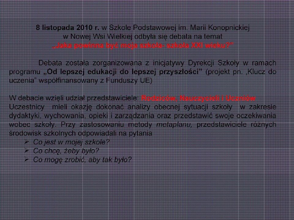 Klucz do uczenia współfinansowany z Funduszy UE) W debacie wzięli udział przedstawiciele: Rodziców, Nauczycieli i Uczniów Uczestnicy mieli okazję dokonać analizy obecnej sytuacji szkoły w