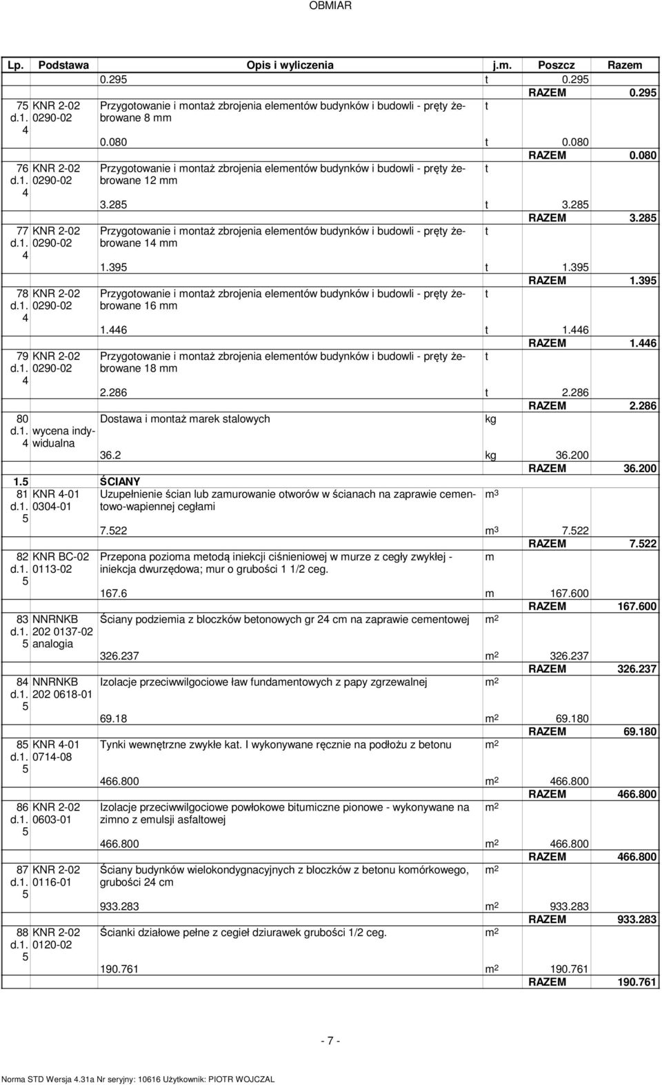 8 RAZEM.8 Przygotowanie i ontaż zbrojenia eleentów budynków i budowli - pręty żebrowane t.9 t.9 RAZEM.9 Przygotowanie i ontaż zbrojenia eleentów budynków i budowli - pręty żebrowane t. t. RAZEM. Przygotowanie i ontaż zbrojenia eleentów budynków i budowli - pręty żebrowane 8 t.