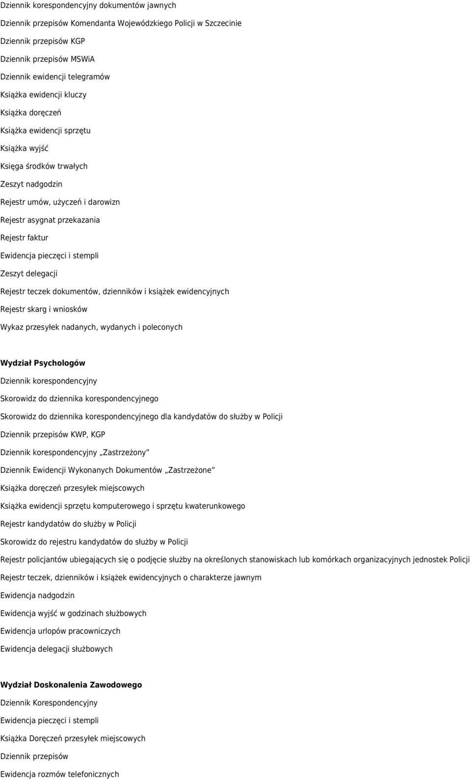 Zeszyt delegacji Rejestr teczek dokumentów, dzienników i książek ewidencyjnych Rejestr skarg i wniosków Wykaz przesyłek nadanych, wydanych i poleconych Wydział Psychologów Skorowidz do dziennika