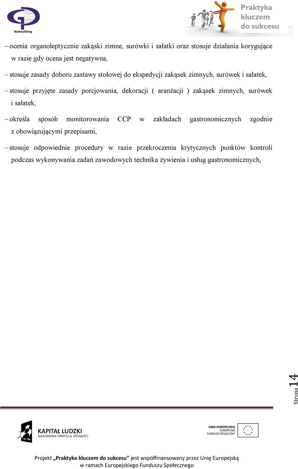 zimnych, surówek i sałatek, określa sposób monitorowania CCP w zakładach gastronomicznych zgodnie z obowiązującymi przepisami, stosuje