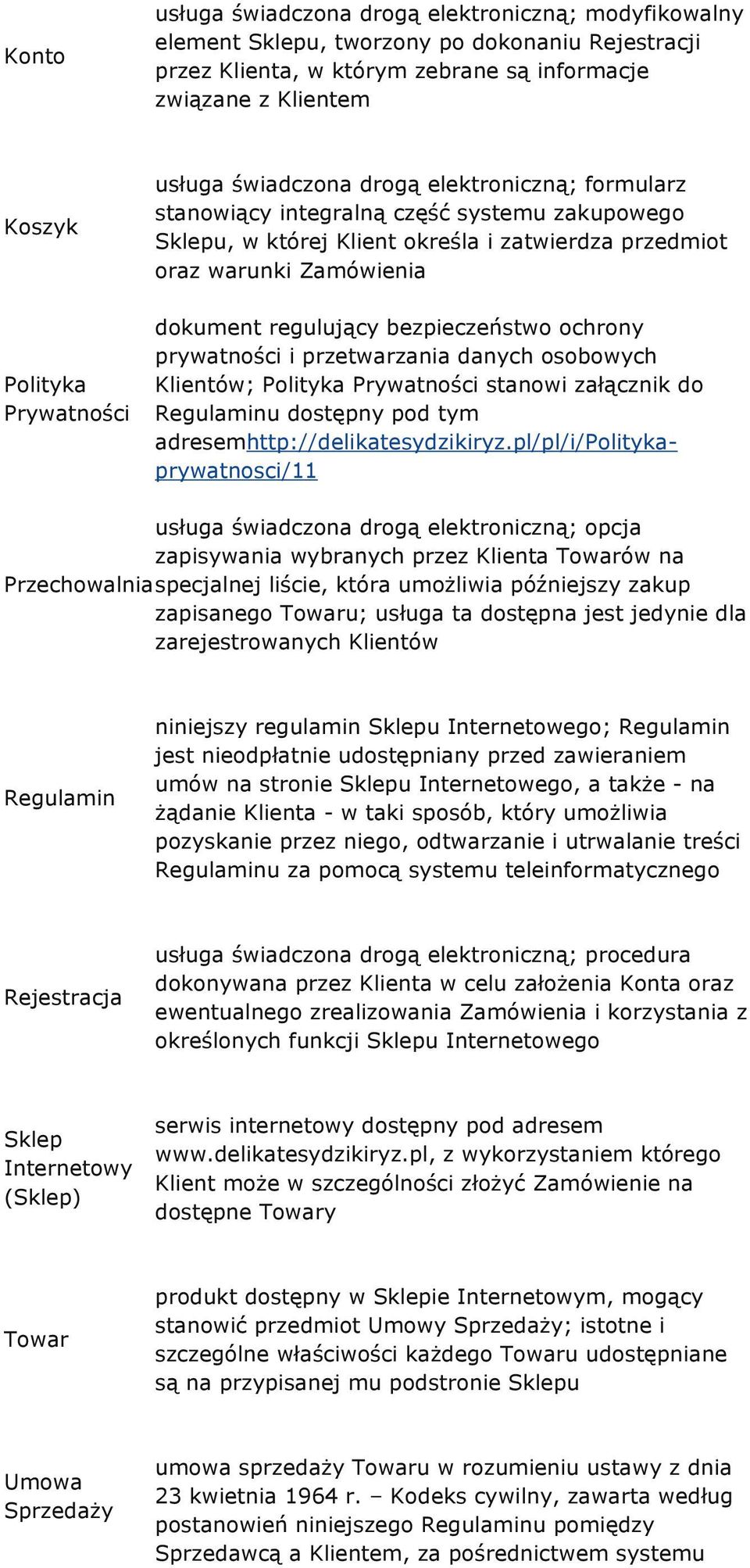 regulujący bezpieczeństwo ochrony prywatności i przetwarzania danych osobowych Klientów; Polityka Prywatności stanowi załącznik do Regulaminu dostępny pod tym adresemhttp://delikatesydzikiryz.