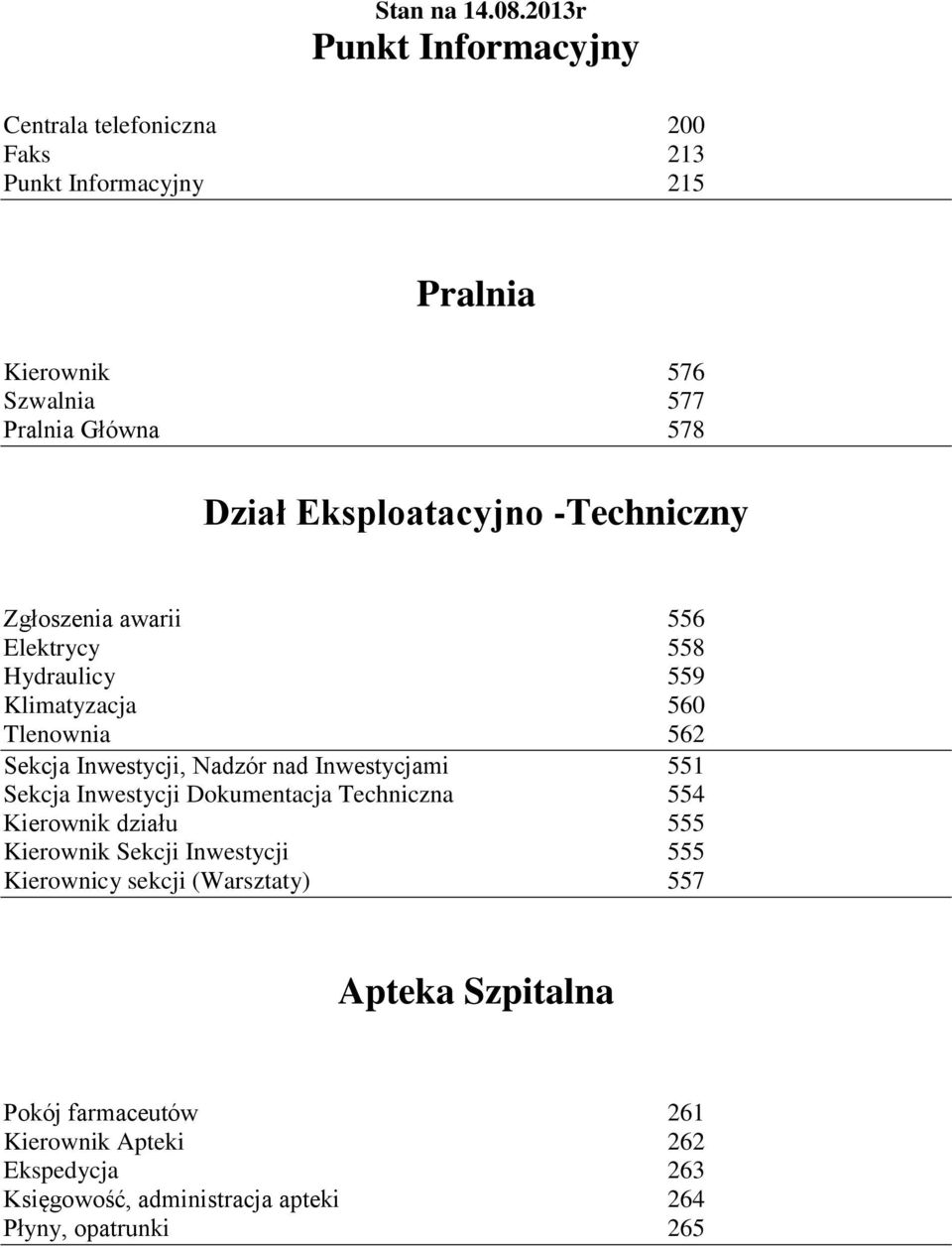 Eksploatacyjno -Techniczny Zgłoszenia awarii 556 Elektrycy 558 Hydraulicy 559 Klimatyzacja 560 Tlenownia 562 Sekcja Inwestycji, Nadzór nad