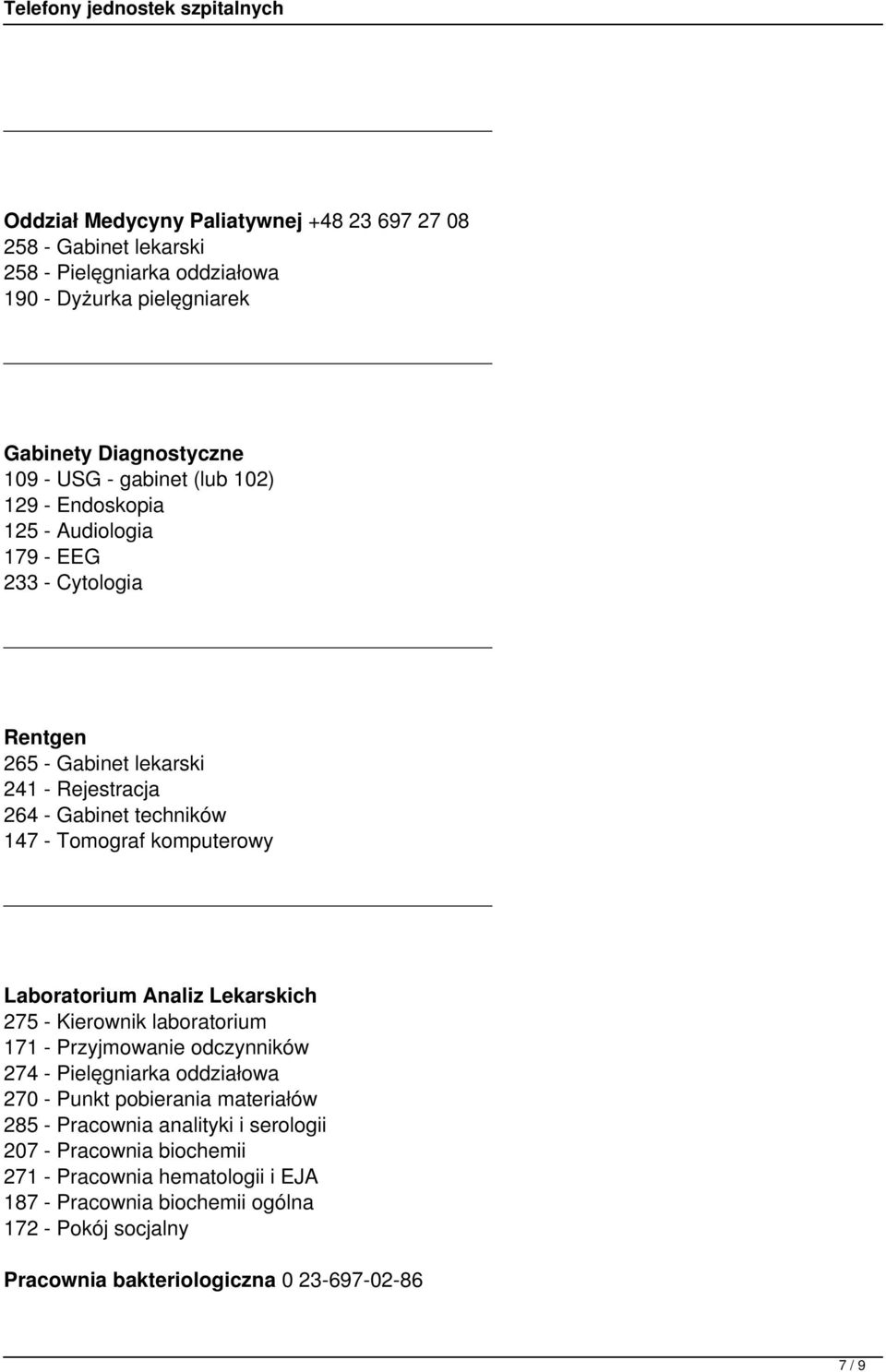 Laboratorium Analiz Lekarskich 275 - Kierownik laboratorium 171 - Przyjmowanie odczynników 274 - Pielęgniarka oddziałowa 270 - Punkt pobierania materiałów 285 - Pracownia