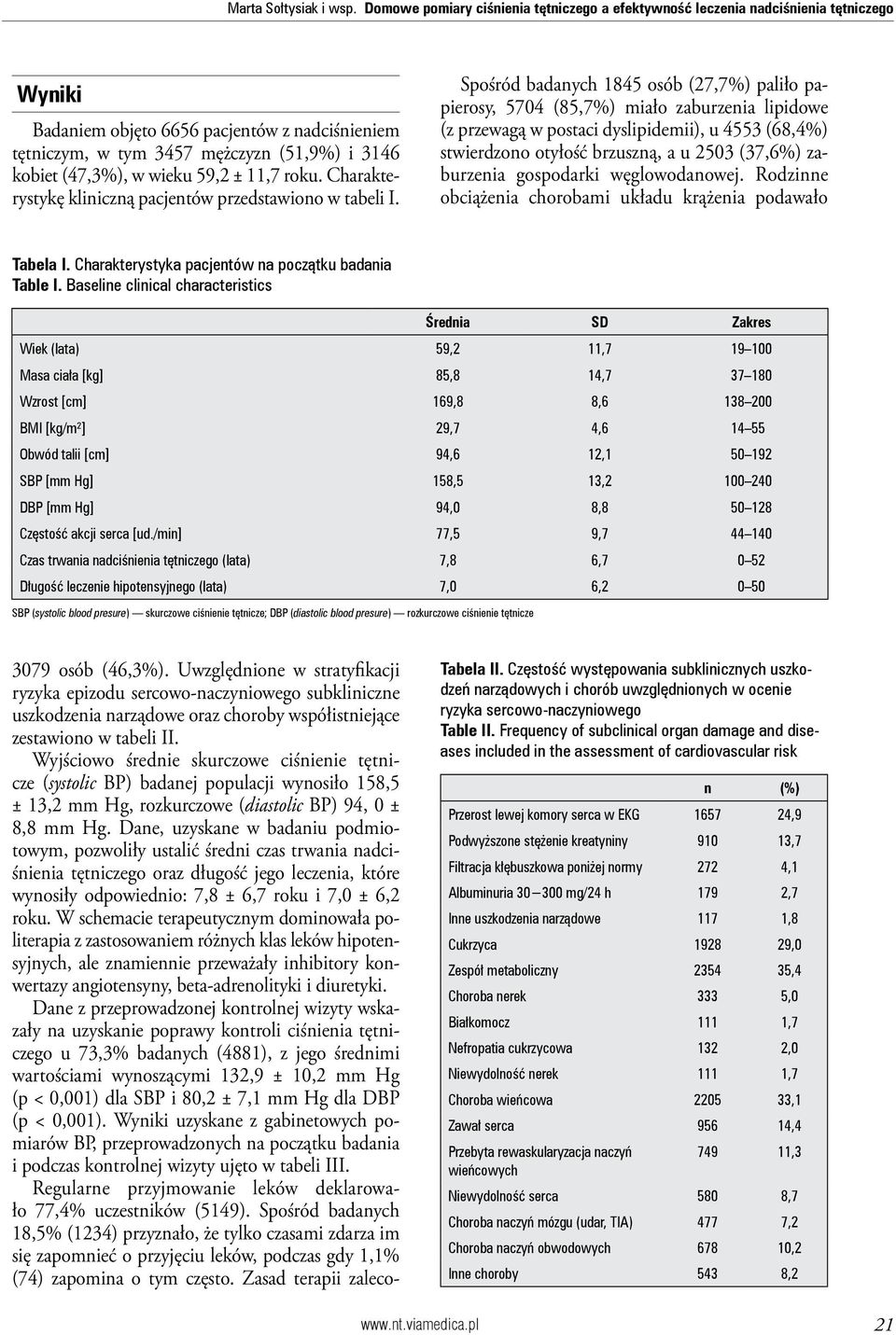 w wieku 59,2 ± 11,7 roku. Charakterystykę kliniczną pacjentów przedstawiono w tabeli I.