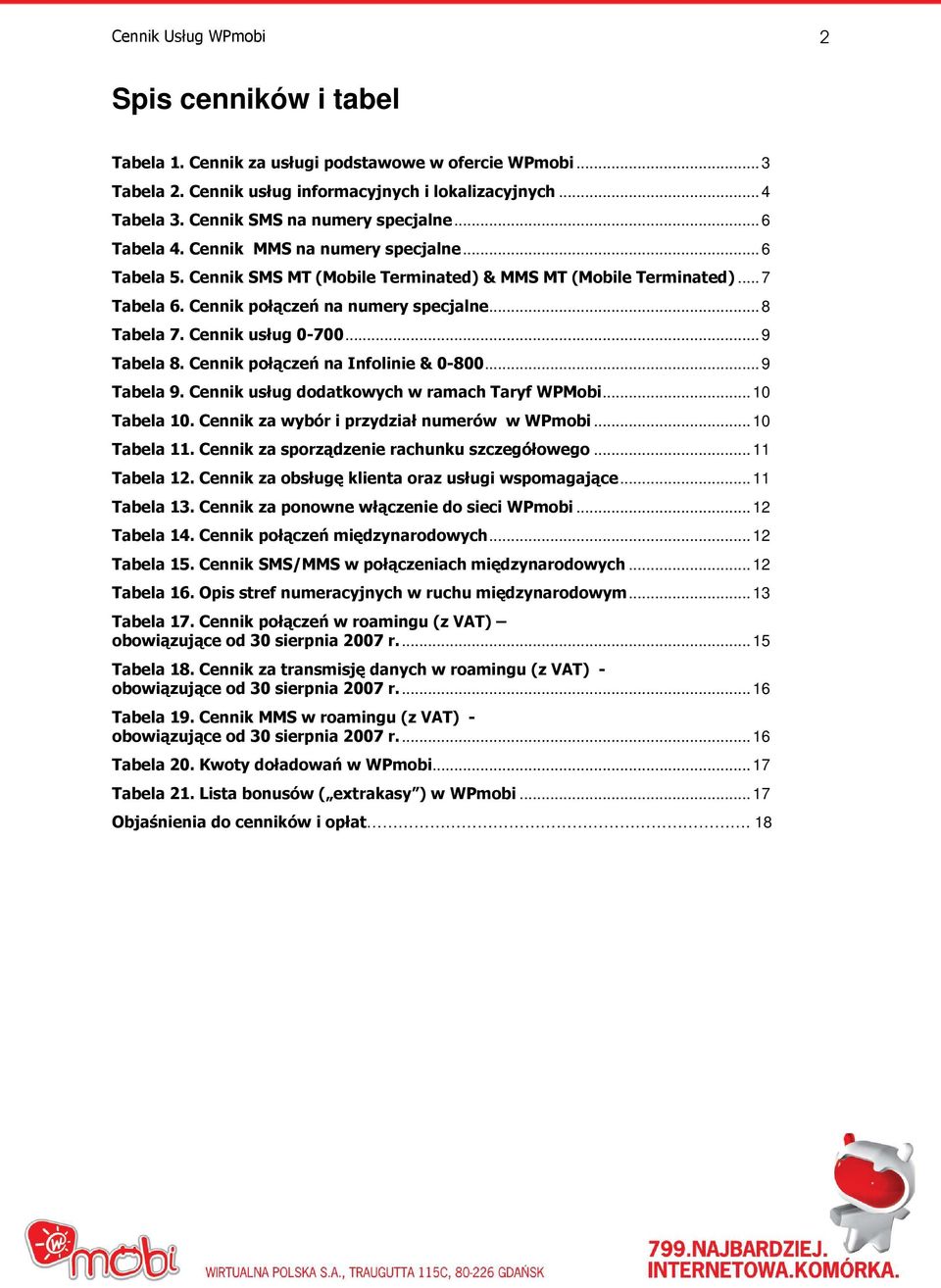 Cennik połączeń na numery specjalne...8 Tabela 7. Cennik usług 0-700...9 Tabela 8. Cennik połączeń na Infolinie & 0-800...9 Tabela 9. Cennik usług dodatkowych w ramach Taryf WPMobi...10 Tabela 10.