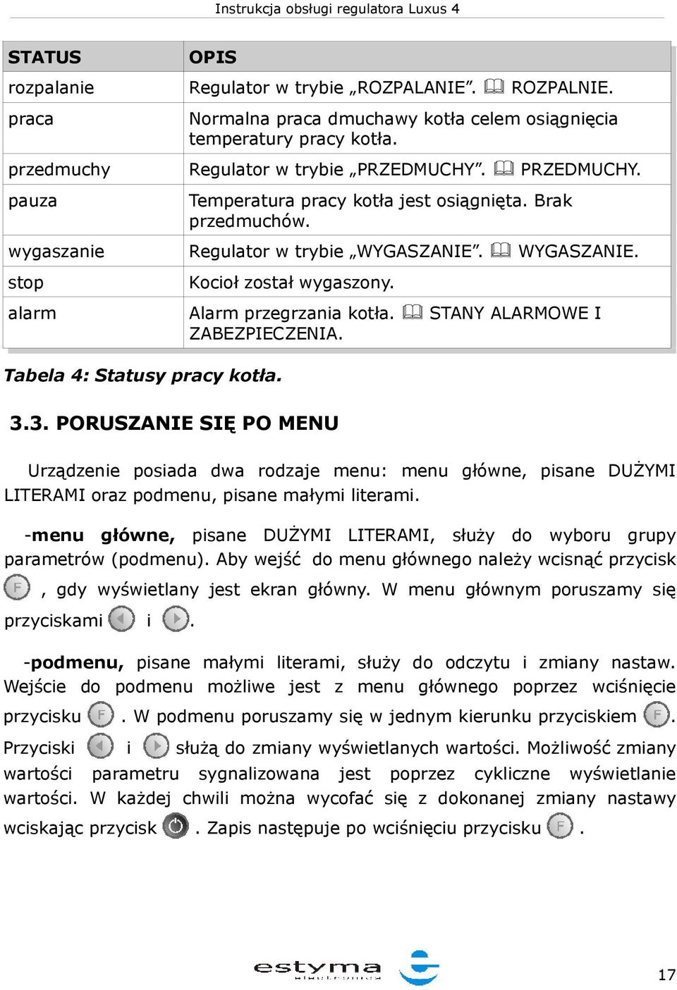 STANY ALARMOWE I ZABEZPIECZENIA. Tabela 4: Statusy pracy kotła. 3.3. PORUSZANIE SIĘ PO MENU Urządzenie posiada dwa rodzaje menu: menu główne, pisane DUŻYMI LITERAMI oraz podmenu, pisane małymi literami.