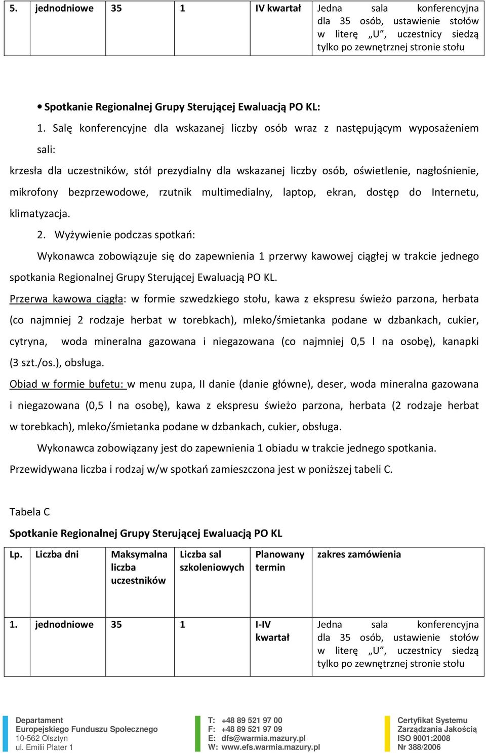 Przerwa kawowa ciągła: w formie szwedzkiego stołu, kawa z ekspresu świeżo parzona, herbata (3 szt./os.), obsługa.