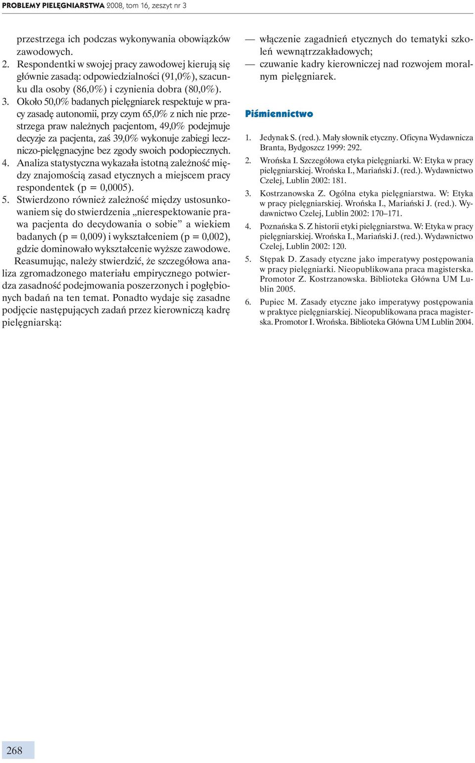zabiegi leczniczo-pielęgnacyjne bez zgody swoich podopiecznych. 4. Analiza statystyczna wykazała istotną zależność między znajomością zasad etycznych a miejscem pracy respondentek (p = 0,0005). 5.