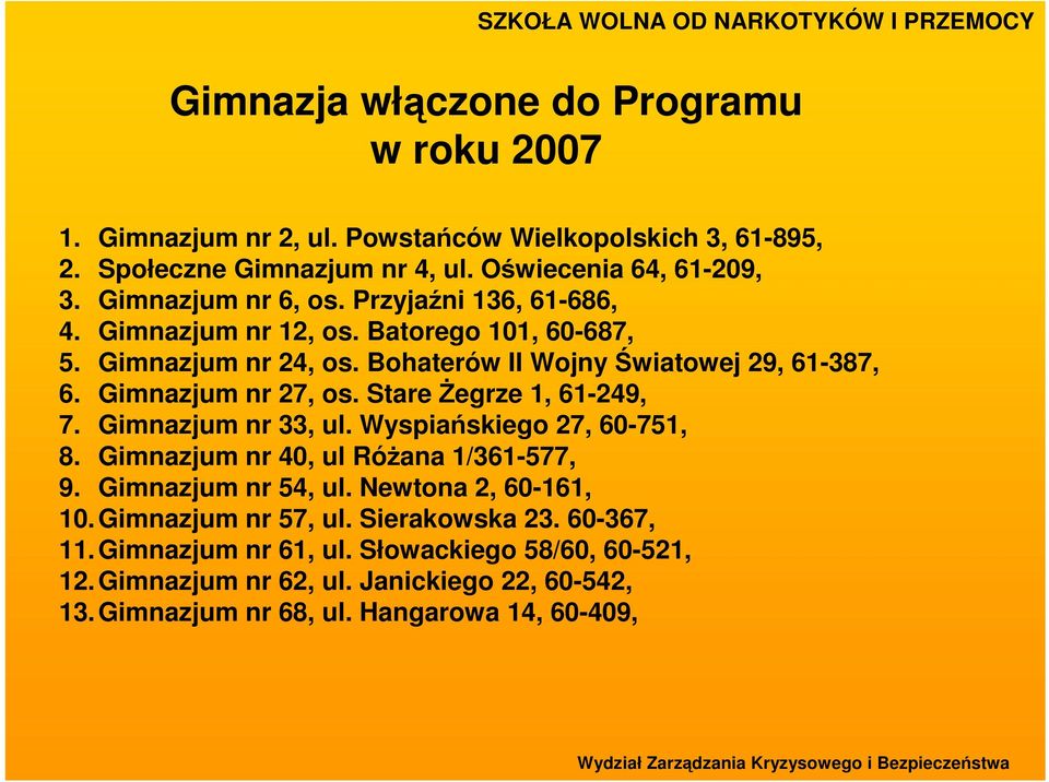 Gimnazjum nr 27, os. Stareśegrze 1, 61-249, 7. Gimnazjum nr 33, ul. Wyspiańskiego 27, 60-751, 8. Gimnazjum nr 40, ul RóŜana 1/361-577, 9. Gimnazjum nr 54, ul.