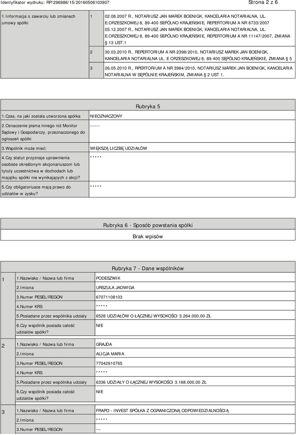 ORZESZKOWEJ 8, 89-400 SEPÓLNO KRAJEŃSKIE, REPERTORIUM A NR 11147/2007, ZMIANA 13 UST.1 2 30.03.2010 R., REPERTORIUM A NR 2398/2010, NOTARIUSZ MAREK JAN BOENIGK, KANCELARIA NOTARIALNA UL.