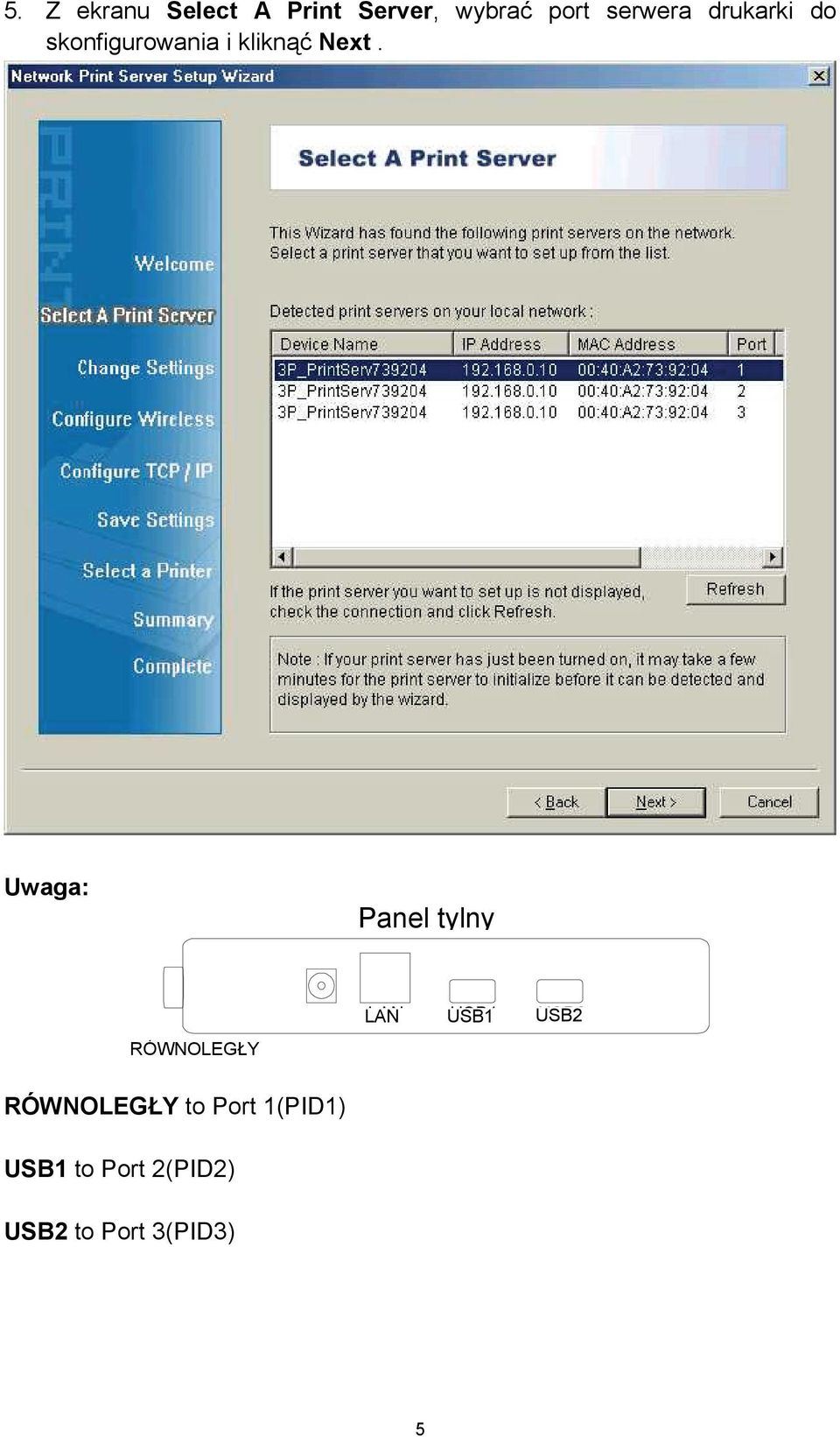 Uwaga: Panel Rear Panel tylny RÓWNOLEGŁY PARALLEL LAN USB1