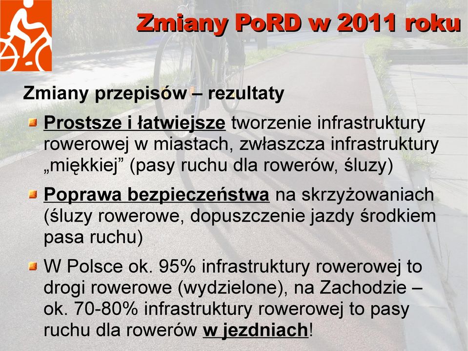 rowerowe, dopuszczenie jazdy środkiem pasa ruchu) W Polsce ok.