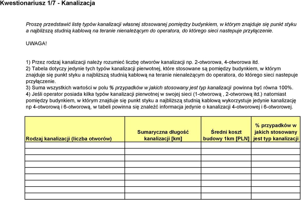 2) Tabela dotyczy jedynie tych typów kanalizacji pierwotnej, które stosowane są poiędzy budynkie, w który znajduje się punkt styku a najbliższą studnią kablową na teranie nienależący do operatora, do