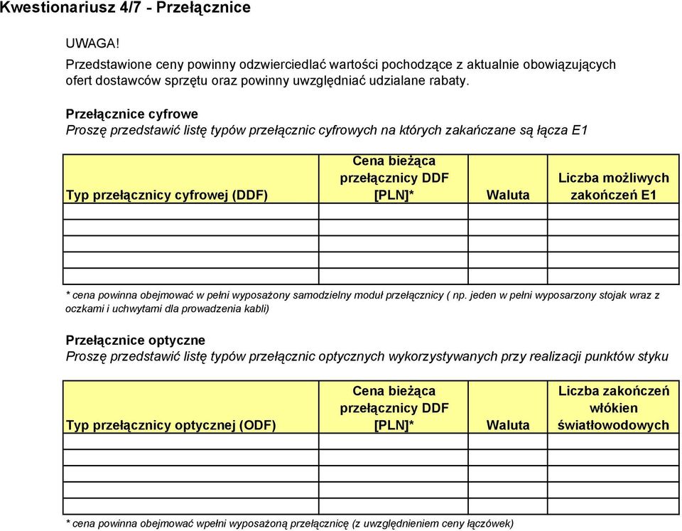 E1 * cena powinna obejować w pełni wyposażony saodzielny oduł przełącznicy ( np.