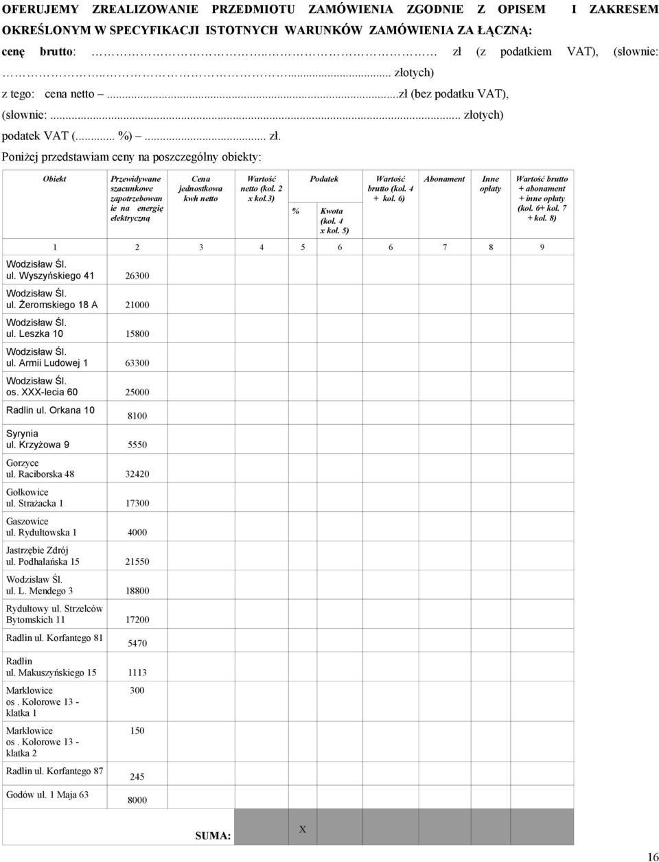 2 x kol.3) Podatek % Kwota (kol. 4 x kol. 5) Wartość brutto (kol. 4 + kol. 6) Abonament Inne opłaty Wartość brutto + abonament + inne opłaty (kol. 6+ kol. 7 + kol. 8) 1 2 3 4 5 6 6 7 8 9 Wodzisław Śl.