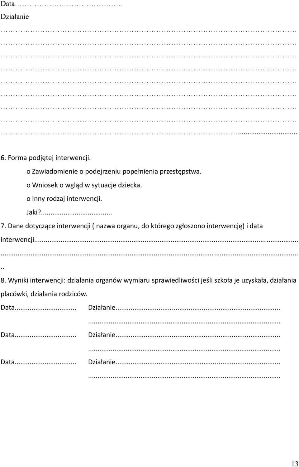 Dane dotyczące interwencji ( nazwa organu, do którego zgłoszono interwencję) i data interwencji........ 8.