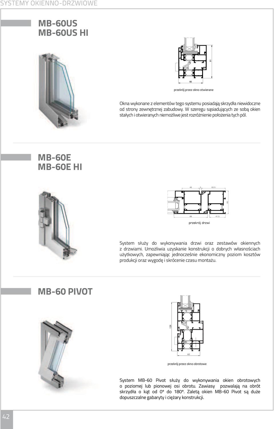 MB-60E MB-60E HI przekrój drzwi System służy do wykonywania drzwi oraz zestawów okiennych z drzwiami.