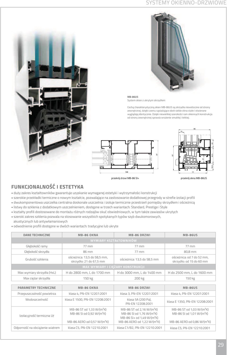 przekrój drzwi MB-86 SI+ przekrój okna MB-86US FUNKCJONALNOŚĆ I ESTETYKA akustycznych lub antywłamaniowych DANE TECHNICZNE MB-86 OKNA MB-86 DRZWI MB-86US WYMIARY KSZTAŁTOWNIKÓW Głębokość ramy 77 mm