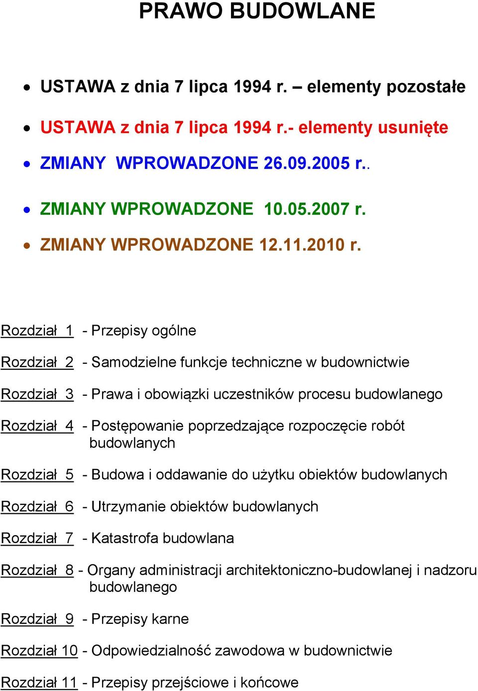 Rozdział 1 - Przepisy ogólne Rozdział 2 - Samodzielne funkcje techniczne w budownictwie Rozdział 3 - Prawa i obowiązki uczestników procesu budowlanego Rozdział 4 - Postępowanie poprzedzające