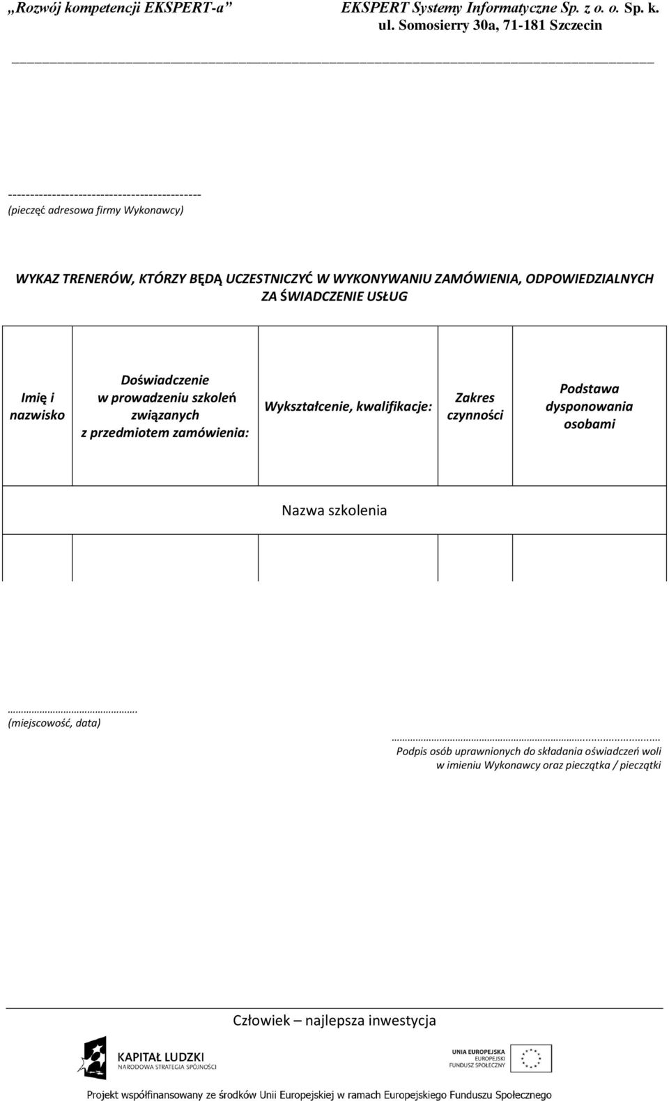 związanych z przedmiotem zamówienia: Wykształcenie, kwalifikacje: Zakres czynności Podstawa dysponowania